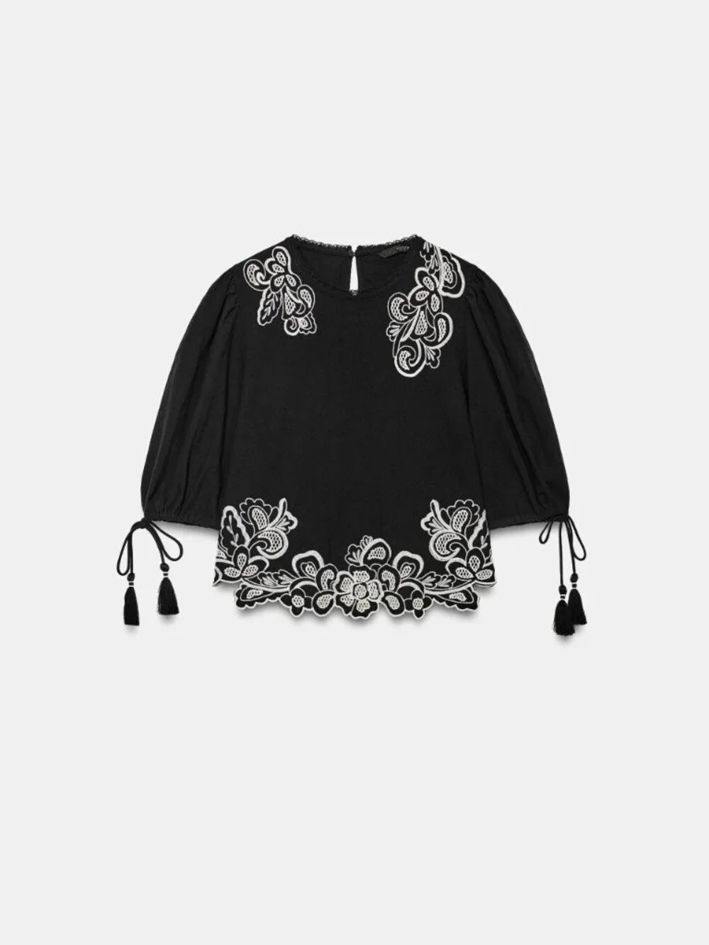 ZARA Black White Embroidered Puff Sleeve Blouse Size Small